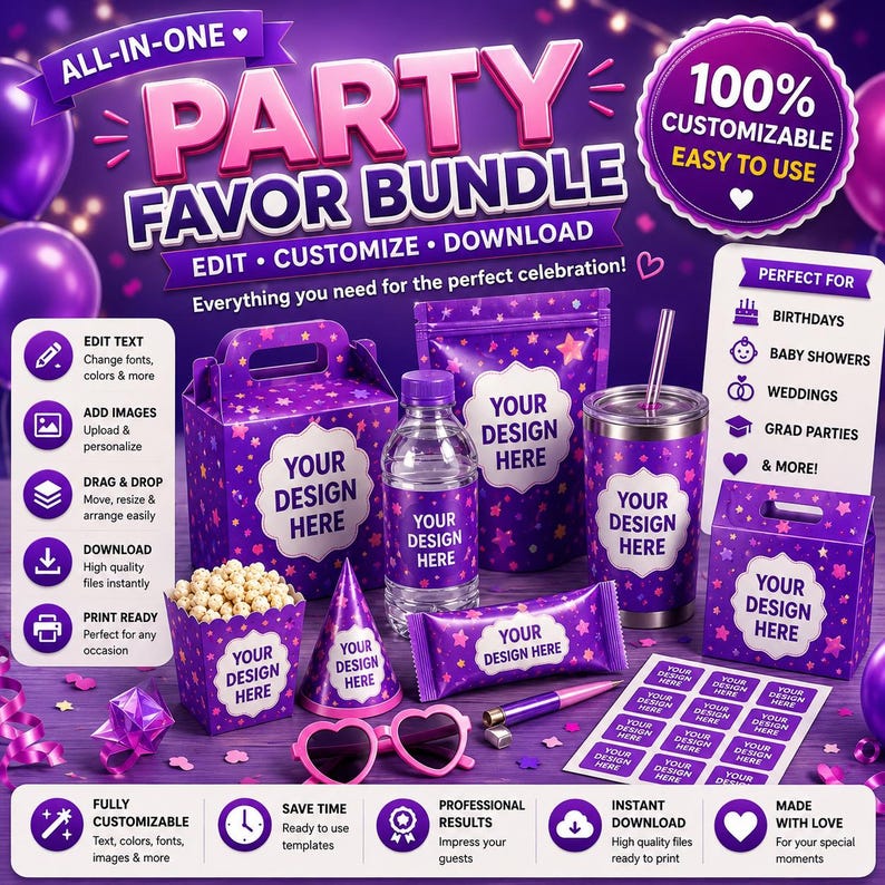 May include: A purple party favor bundle featuring a treat box, water bottle, snack pouch, tumbler with straw, popcorn container, party hat, candy bar wrapper, heart-shaped sunglasses, and sticker sheet, all with customizable labels.