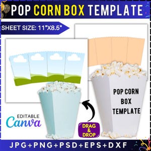 May include: A white popcorn box template with the text "POP CORN BOX TEMPLATE". The sheet size is 11" x 8.5". The design includes a blue and green landscape and the text "EDITABLE Canva". The template is available in JPG, PNG, PSD, EPS, and DXF formats.
