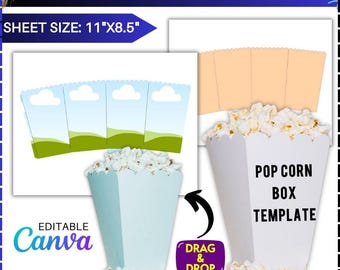 Popcorn Box Template , Popcorn Box Blank Template, Popcorn Box Svg, Party Favor Decorations, Snack Box Svg, Editable Canva Drag and drop