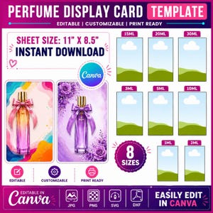 May include: A digital perfume display card template featuring an 11 inch by 8.5 inch sheet size. The design includes two example perfume bottles with pink and purple bows, and eight placeholder frames for various sizes from 1ml to 30ml. Text includes PERFUME DISPLAY CARD TEMPLATE, INSTANT DOWNLOAD, and CANVA.