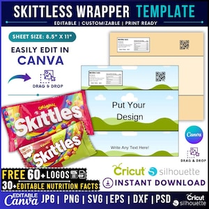Può includere: Un modello digitale per incarto di caramelle Skittles con un formato foglio di 21,59 cm per 27,94 cm. Il design include informazioni nutrizionali modificabili, un segnaposto per codice QR e una grafica con colline verdi e nuvole.
