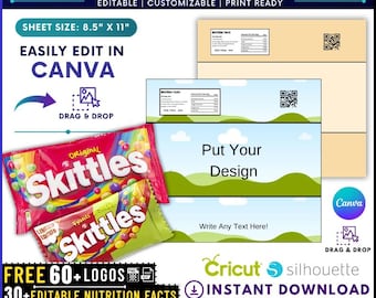 Plantilla para envoltorio de Skittles, plantilla editable de Canva, envoltorio de caramelos, etiqueta en blanco, envoltorio de Skittles SVG, etiqueta personalizada, arrastrar y soltar en Canva, hazlo tú mismo