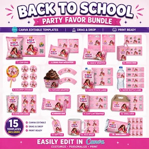 Op de afbeelding: Een Back to School feestartikelenbundel met 15 bewerkbare Canva-sjablonen. De collectie bevat ontwerpen voor chipszakjes, ring-pop wikkels, snackverpakkingen, sapdoosjes, lollystickers, cupcake-wikkels, sapzakjes, waterfleslabels en meer.