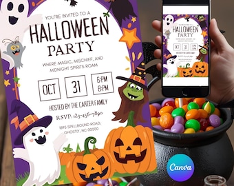 May include: A Halloween party invitation with a purple border, featuring ghosts, witches, and pumpkins. The text reads "Halloween Party" with the date October 31st. A mobile version of the invitation is displayed on a smartphone.