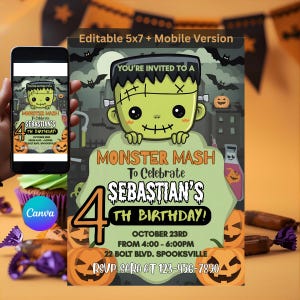 May include: A Halloween-themed invitation with a cartoon Frankenstein's monster illustration. The invitation reads "Monster Mash" and "To Celebrate Sebastian's 4th Birthday!" with the date and time. A mobile version is also displayed.