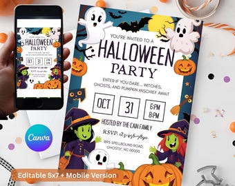 May include: A Halloween party invitation with a spooky theme. The invitation features ghosts, pumpkins, and witches. The text reads "You're invited to a Halloween Party" with the date October 31st. The invitation is 5x7 inches and has a mobile version.