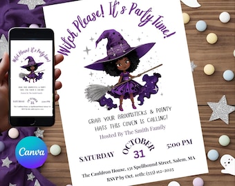 Elegant Witch Halloween Party Invitation: Editable Canva Template (Digital Download)