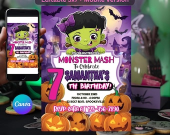 Girl Monster Mash Birthday Invitation | Cute Frankenstein Birthday Party Invite | Halloween Party | Printable Editable Canva Template