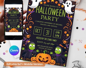 May include: A Halloween party invitation with a dark purple background, featuring orange pumpkins, green-faced witch characters, and the text "Halloween Party." The invitation includes the date, time, and RSVP information. A mobile version is also displayed.