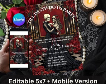 Bis der Tod uns Party Einladung | Skelett-Halloween-Hochzeit einladen | Gothic Spooky Paar Party | Bearbeitbare Canva Digital Download