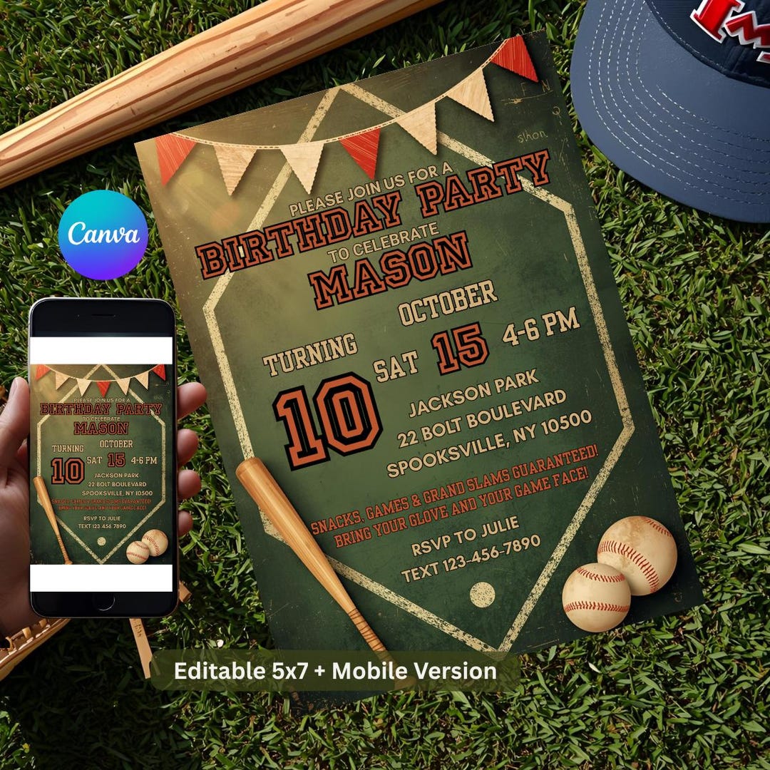 Baseball Birthday Invitation | Batter up Party | Editable Canva ...
