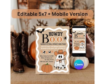 Halloween Party Einladung - Cowboy Halloween Ghost Theme - Druckbare bearbeitbare Canva Vorlage - Sofort Download