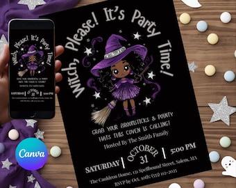 Halloween Party Invitation – Elegant Witch Theme – Printable Editable Canva Template – Instant Download