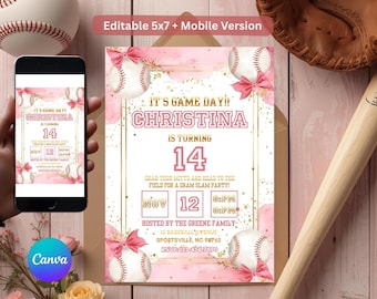 Inbjudan till basebollfödelsedag för tjej | Sportfödelsedagsfest | Rosa basebolltema | Redigerbar Canva-mall | Inbjudan till All Star-fest