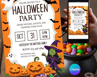 May include: An orange Halloween party invitation with a witch, pumpkins, bats, and ghosts. The invitation includes the date, time, and RSVP information. A mobile version of the invitation is displayed on a smartphone.
