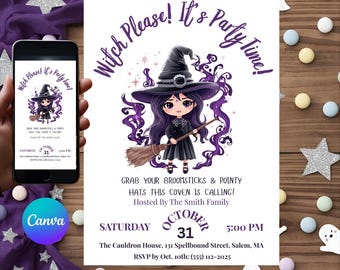 Halloween Party Invitation - Witch Please Theme – Magical Witch Costume Party – Printable Editable Canva Template