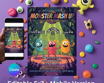 May include: A purple Halloween party invitation with the text "Monster Mash Up" and a graphic of three monsters. The invitation is 5x7 inches and includes a mobile version. Decorative elements include toy eyeballs, balls, and a yellow monster.