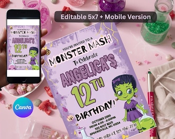 Girl Monster Mash Birthday Invitation | Cute Frankenstein Birthday Party Invite | Halloween Party | Printable Editable Canva Template