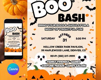 Boo Bash Halloween Party Invitation | Spooky Costume Party | Editable Canva Template Digital Download