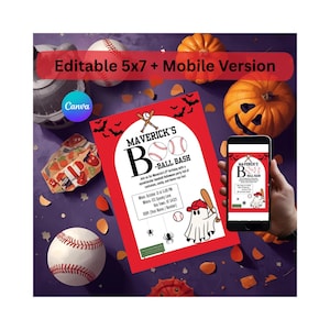 Puede incluir: Una invitación roja y blanca con temática de béisbol para una fiesta de cumpleaños "Ball Bash", con pelotas de béisbol, bates y un fantasma con gorra de béisbol. La invitación se muestra con calabazas, pelotas de béisbol y una versión móvil.
