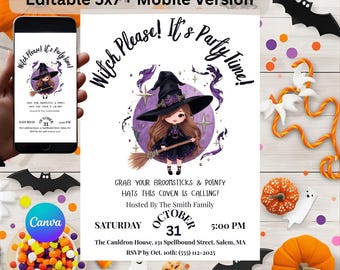 Halloween Party Invitation - Witch Please Theme – Magical Witch Costume Party – Printable Editable Canva Template