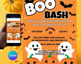 Halloween Party Invitation – Boo Bash Theme – Spooky Costume Party – Printable Editable Canva Template
