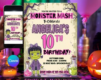 Girl Monster Mash Birthday Invitation | Cute Frankenstein Birthday Party Invite | Halloween Party | Printable Editable Canva Template