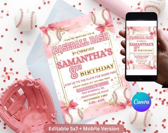 Inbjudan till basebollfödelsedag för tjej | Sportfödelsedagsfest | Rosa basebolltema | Redigerbar Canva-mall | Inbjudan till All Star-fest