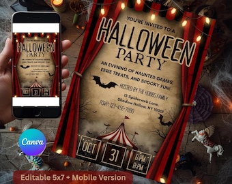 May include: A Halloween party invitation with a red and black curtain design, string lights, and a circus tent illustration. The invitation includes the text "Halloween Party" and event details. A smartphone displays the same invitation.