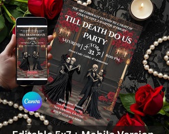 Halloween Wedding Invitation – Till Death Do Us Party – Skeleton & Gothic Spooky Couple Theme – Printable Editable Canva Template