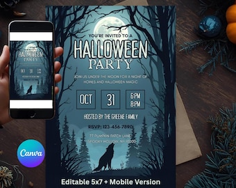Wolf Under the Moon Halloween Party Invitation | Howling Wolf Invite | Spooky Forest Halloween | Lone Wolf & Moon Party Card | Editable