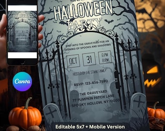 May include: A Halloween party invitation with a spooky graveyard theme. The invitation features a gate, tombstones, and bats, with the text "Halloween Party" and event details. Includes a mobile version.
