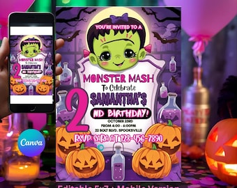 Girl Monster Mash Birthday Invitation | Cute Frankenstein Birthday Party Invite | Halloween Party | Printable Editable Canva Template