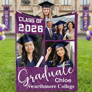 May include: A purple graduation blanket with the text "CLASS OF 2026" and the word "Graduate" in white script. The blanket features four photo panels and the name "Chloe" and "Swarthmore College".