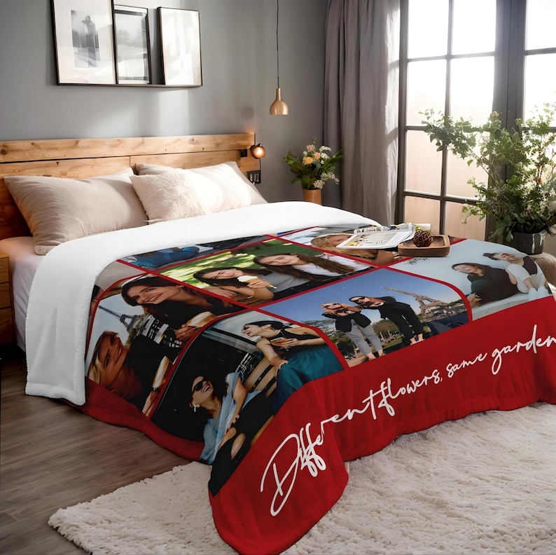 May include: A personalized photo blanket with a red border and white backing. The blanket features multiple photos arranged in a grid pattern. The words "Different flowers, same garden" are written in white script on the red border.