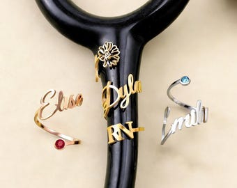 Custom Stethoscope Charm-Personalized Stethoscope ID Tag-Birthstone Stethoscope Name Ring-RN Graduation Gift-Nurse Gift-Medical Assistant MD