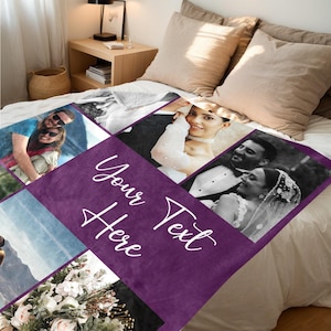 May include: A personalized blanket featuring a collage of photos, with a central purple panel that reads "Your Text Here" in white script. The blanket displays various images, including wedding photos.