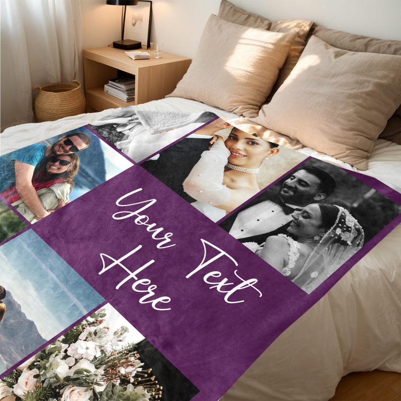 May include: A personalized blanket featuring a collage of photos, with a central purple panel that reads "Your Text Here" in white script. The blanket displays various images, including wedding photos.