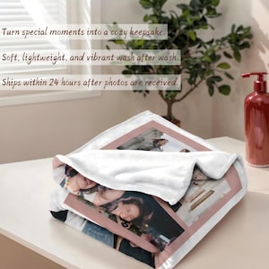 May include: A folded white blanket with a photo print. The blanket features a soft, lightweight texture and a vibrant wash. The photo print shows a group of people. Text on the image reads: "Turn special moments into a cozy keepsake."