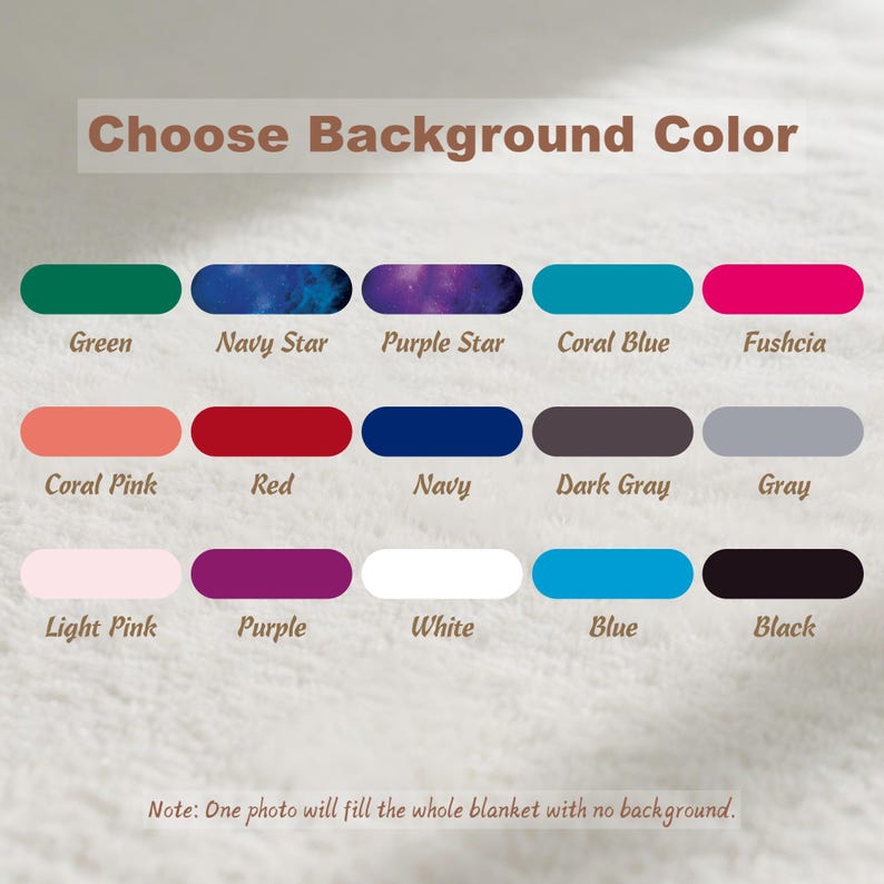 May include: Image displaying a color selection guide for a blanket. The guide features a variety of color options, including Green, Navy Star, Purple Star, Coral Blue, Fushcia, Coral Pink, Red, Navy, Dark Gray, Gray, Light Pink, Purple, White, Blue, and Black.