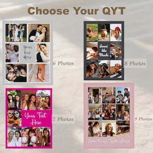 May include: A selection of photo collage designs with various layouts. One features a wedding theme, another showcases dachshunds, and others display family and friends. Each design includes space for photos and text.