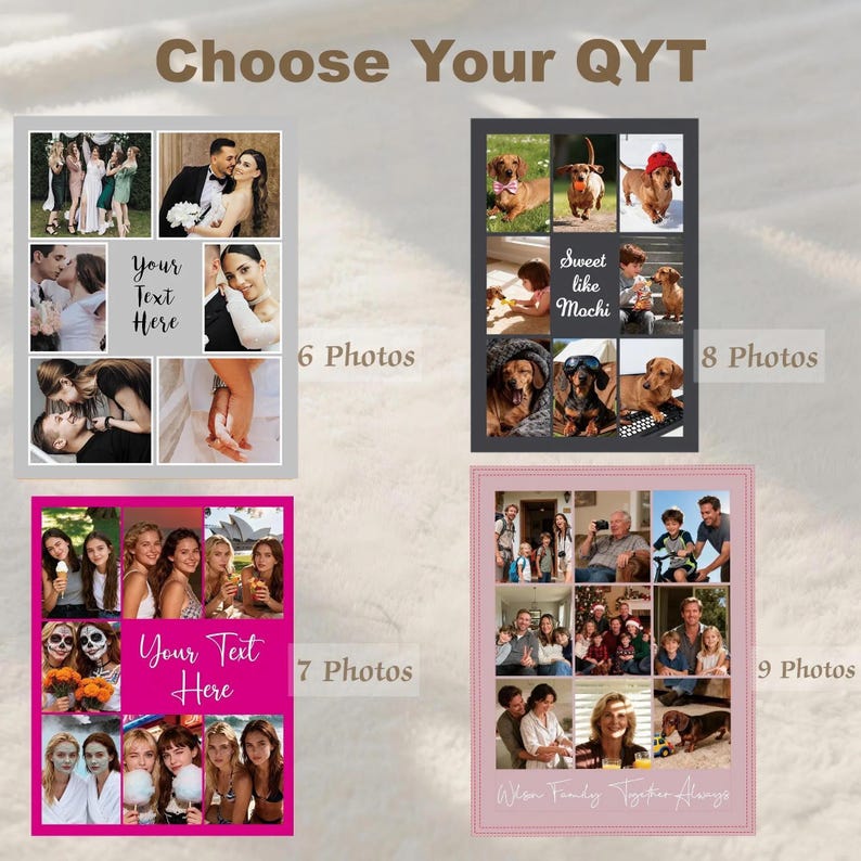 May include: A selection of photo collage designs with various layouts. One features a wedding theme, another showcases dachshunds, and others display family and friends. Each design includes space for photos and text.