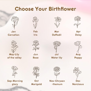 May include: Image featuring the text "Choose Your Birthflower" above 12 line-drawn floral illustrations, each labeled with a month and flower name. Flowers include Carnation, Iris, Daffodil, Daisy, Lily of the Valley, Rose, Water Lily, Poppy, Morning Glory, Marigold, Chrysanthemum, and Narcissus.