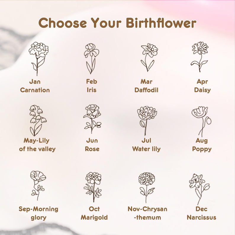 May include: Image featuring the text "Choose Your Birthflower" above 12 line-drawn floral illustrations, each labeled with a month and flower name. Flowers include Carnation, Iris, Daffodil, Daisy, Lily of the Valley, Rose, Water Lily, Poppy, Morning Glory, Marigold, Chrysanthemum, and Narcissus.