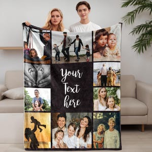 May include: A personalized black fleece blanket featuring a collage of family photos. The blanket has a central text area that reads "Your Text here". The photos are arranged in a grid pattern, showcasing various family moments.