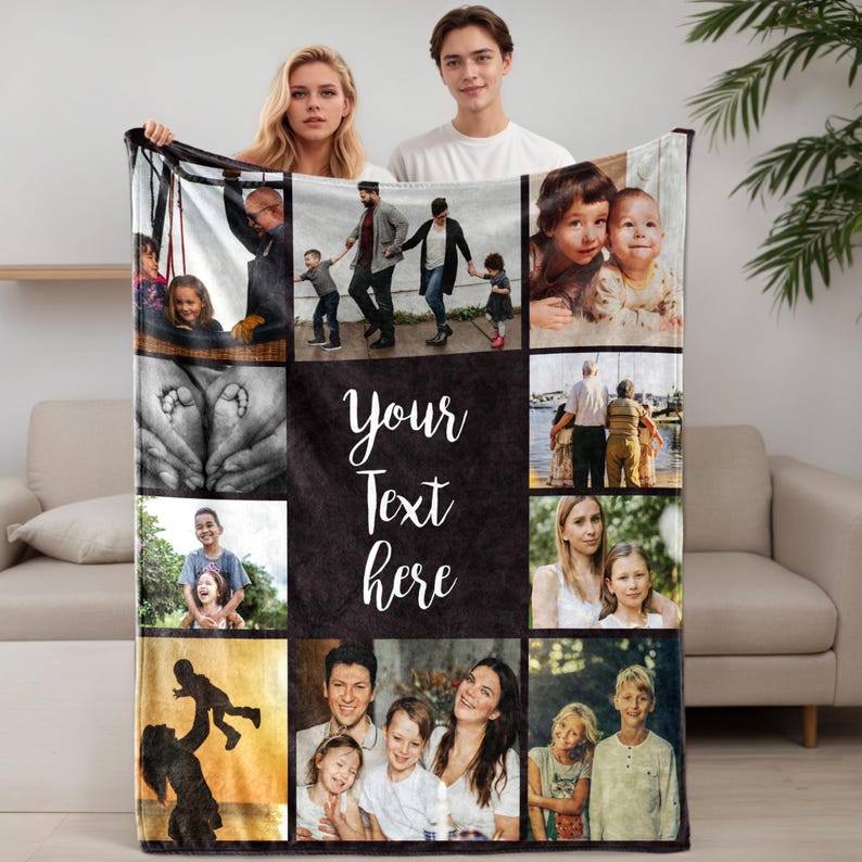 May include: A personalized black fleece blanket featuring a collage of family photos. The blanket has a central text area that reads "Your Text here". The photos are arranged in a grid pattern, showcasing various family moments.