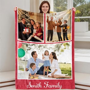 May include: A red fleece blanket featuring a collage of family photos. The blanket has a white border and the words "Smith Family" in a cursive font at the bottom. The photos depict various family moments.