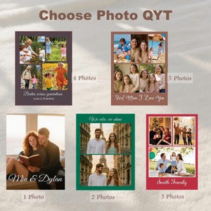 May include: A selection of personalized photo prints with various layouts. The prints feature family photos, with text such as "Besties across generations," "Best Mom I Love You," "Mia & Dylan," "We vibe, we shine," and "Smith Family." The prints are displayed on a soft, neutral background.