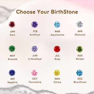 May include: Image featuring a selection of birthstones with their corresponding months and names. The gemstones are arranged in a grid, each with a unique color and name, including Siam, Amethyst, Aquamarine, Diamond, Emerald, Lt Amethyst, Ruby, Peridot, Sapphire, Tourmaline, Citrine, and Blue Zircon.