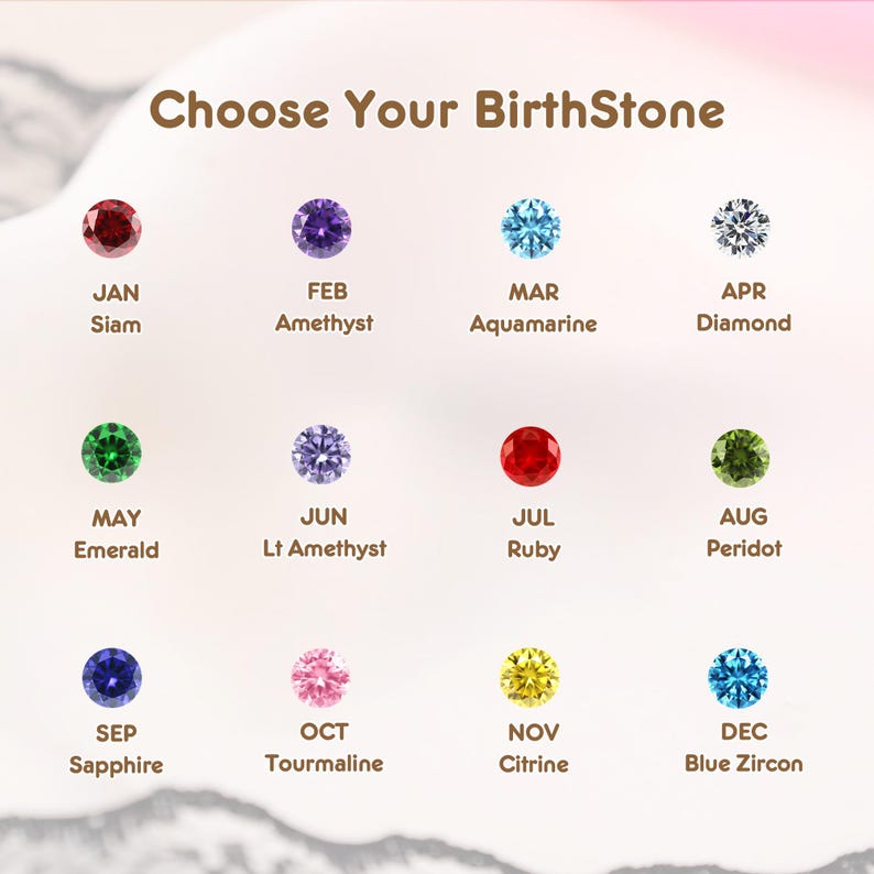 May include: Image featuring a selection of birthstones with their corresponding months and names. The gemstones are arranged in a grid, each with a unique color and name, including Siam, Amethyst, Aquamarine, Diamond, Emerald, Lt Amethyst, Ruby, Peridot, Sapphire, Tourmaline, Citrine, and Blue Zircon.